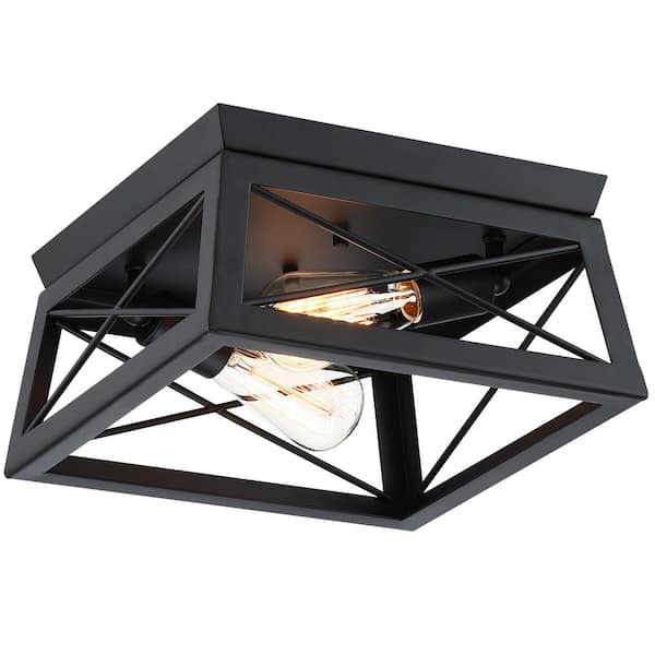 Pia Ricco 12 in. 2-Light Black Industrial Rectangle Flush Mount Ceiling Light Fixture