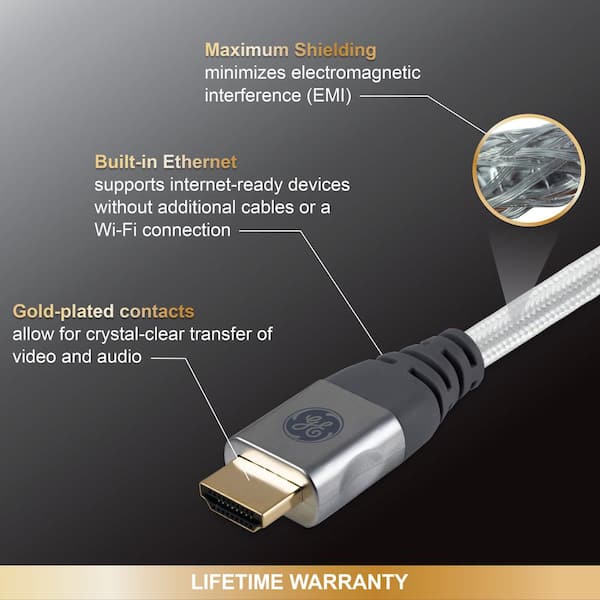 GE 15ft 8K HDMI 2.1 Cable with Ethernet, Gold-Plated Connectors, 66832, Silver