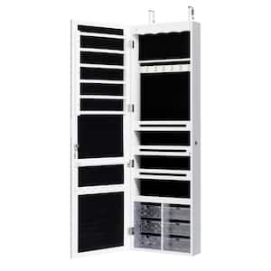 White Lockable Wall Mounted Jewelry Armoire with Mirror and LED Lights 47.5 in. H x 4.5 in. W x 14.5 in. L