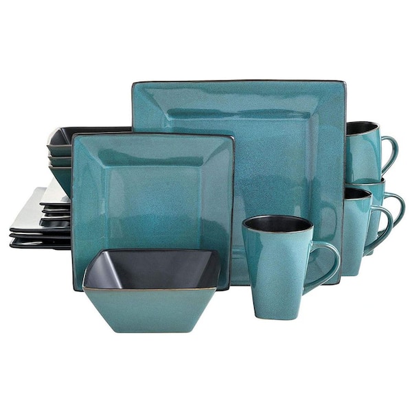 Gibson Elite Kiesling 16-Piece Plates, Bowls, and Mugs Dinnerware Set, Turquoise