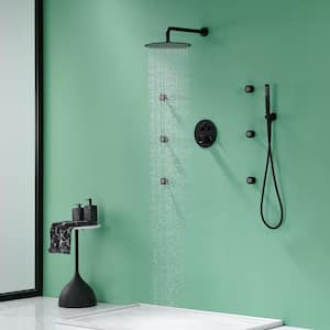 Pressure Balanced 3-Spray Patterns 12 in. Wall Mounted Rainfall Dual Shower Heads with 6 Body Spray in Matte Black