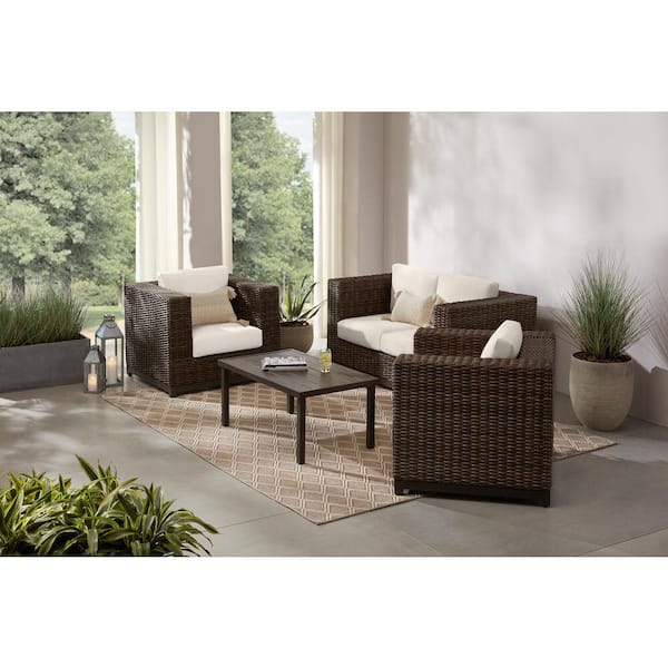 Hampton Bay Fernlake 4-Piece Brown Wicker Outdoor Patio Deep Seating Set with CushionGuard Almond Tan Cushions