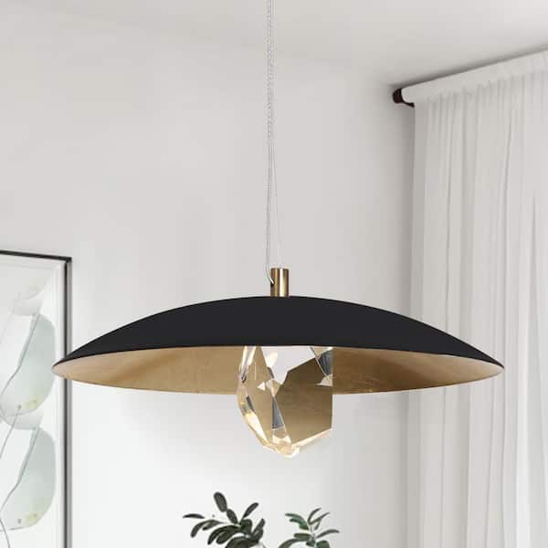 LNC Eleutherius 7-Watt 1-Light Matte Black and Plating Brass Integrated LED Pendant Light with Crystal Vintage Goldleaf