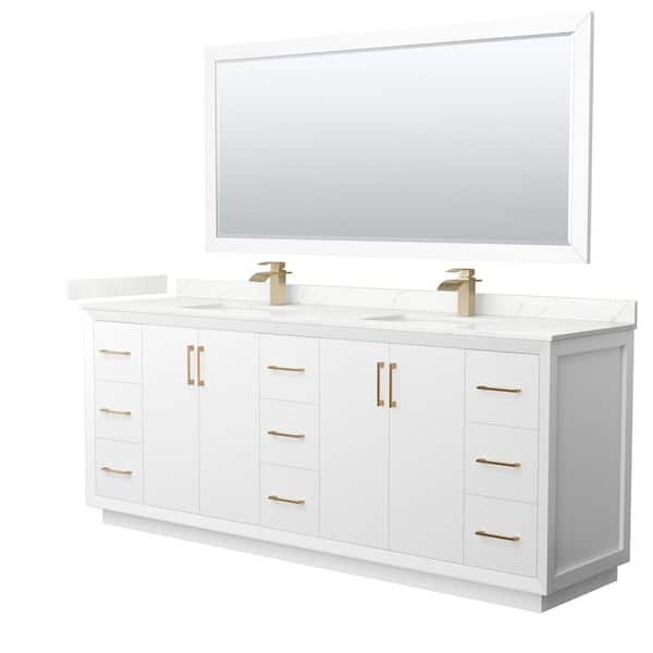 Wyndham Collection Strada 84 in. W x 22 in. D x 35 in. H Double Bath Vanity in White with Giotto Quartz Top and 70 in. Mirror