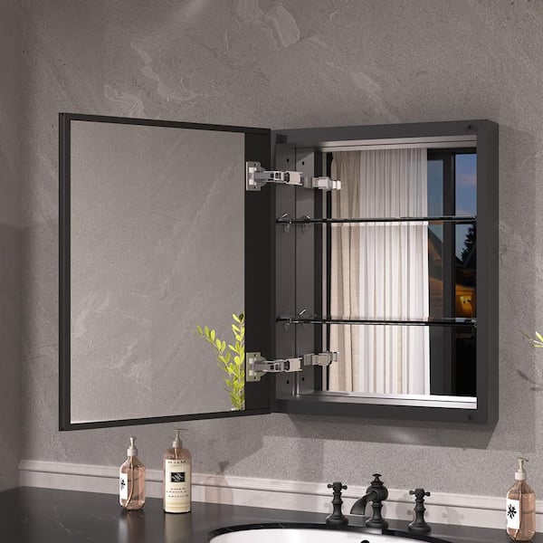 Keen 16 in. x 20 in. Framless Recessed or Surface-Mount Rectangular Aluminum Medicine Cabinet with Mirror in Matte Black