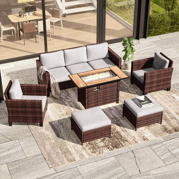 6-Pieces Patio Conversation Set with Rectangle Fire Pit Table, Brown Wicker Wide Armrests Sofa with Linen Gray Cushion