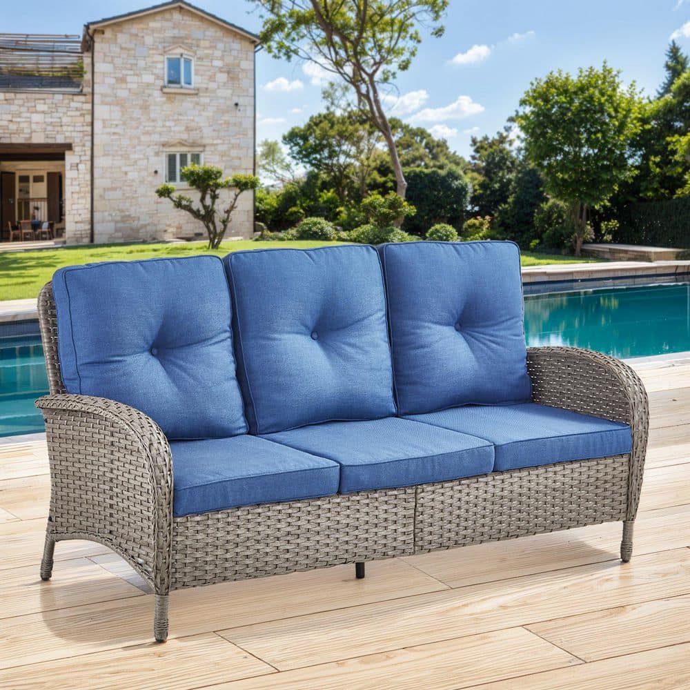 Rotavia Gray PE Wicker 1-Piece Outdoor Couch with Gray Olefin Thick Cushion Guard Cushions 3-Seat Patio Sofa price history on PriceWatchPro