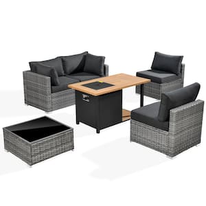 Sanibel Gray 6-Piece Wicker Outdoor Patio Conversation Sofa Sectional Set with a Storage Fire Pit and Black Cushions