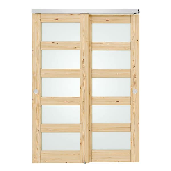 48 in. x 80 in. 5-Lite Frosted Glass, Solid Pine Wood, Assembly Required Bypass Sliding Door with Aluminium Hardware