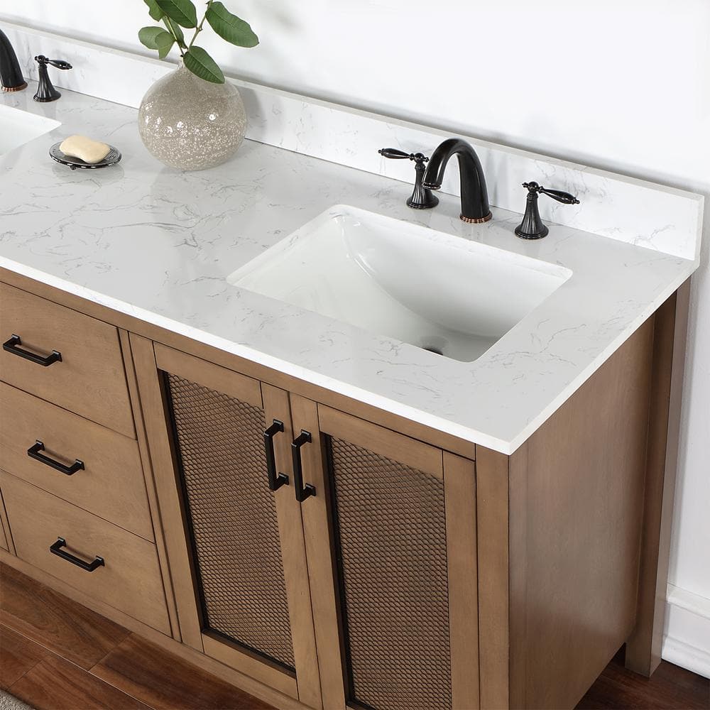 Hadiya 72" Brown Pine Double Vanity with White Stone Countertop