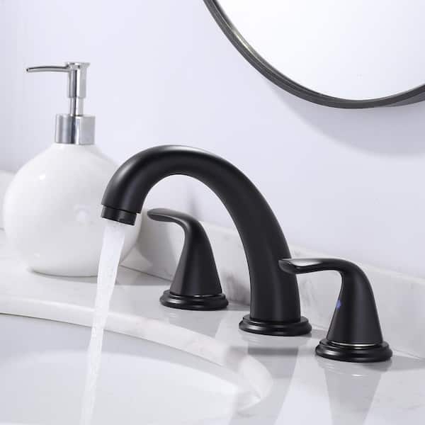 8 in. Widespread Double Handle High Arc Bathroom Faucet with Pop Up Drain Kit and Supply Lines in Matte Black
