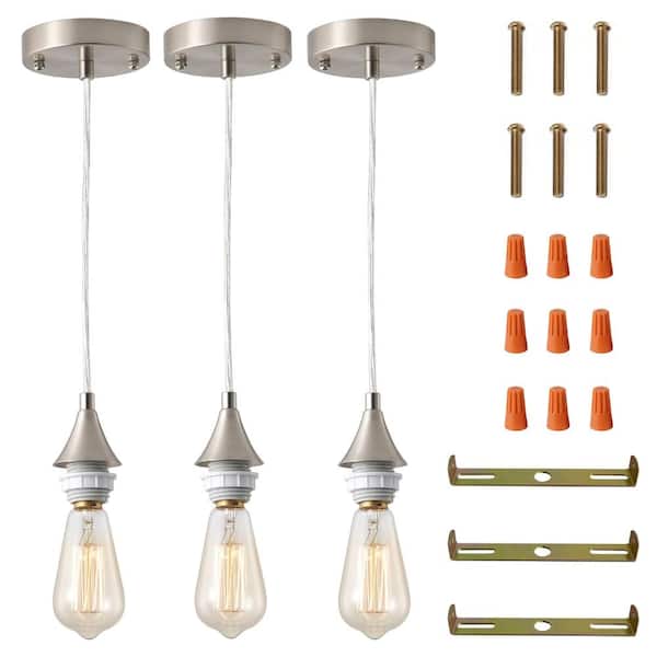 Vintage Brushed Nickel E26 Pendant Light Cord Kit, Adjustable 39 in Hanging Socket for DIY Fixtures 3-Pack