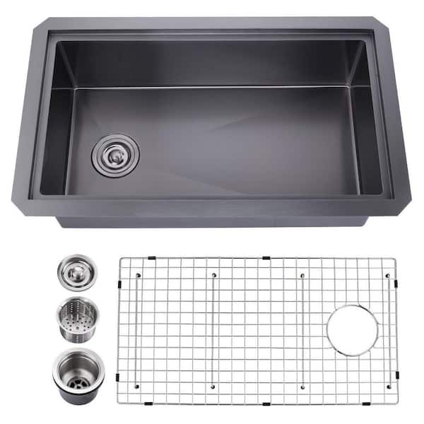 32 in. Drop-in/Undermount Single Bowl 18-Gauge Gunmetal Stainless Steel Kitchen Sink with Bottom Grids in Matte Black