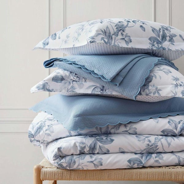 MARTHA STEWART Songbird 2-Piece White/Blue Cotton Sateen Twin