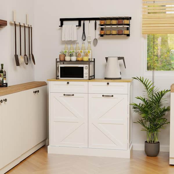 Kitchen Trash Can Storage Cabinet with 2 Drawers 1 Tilt Out Trash Cabinet 1 Door with Storage Rack and 2 Shelves-White