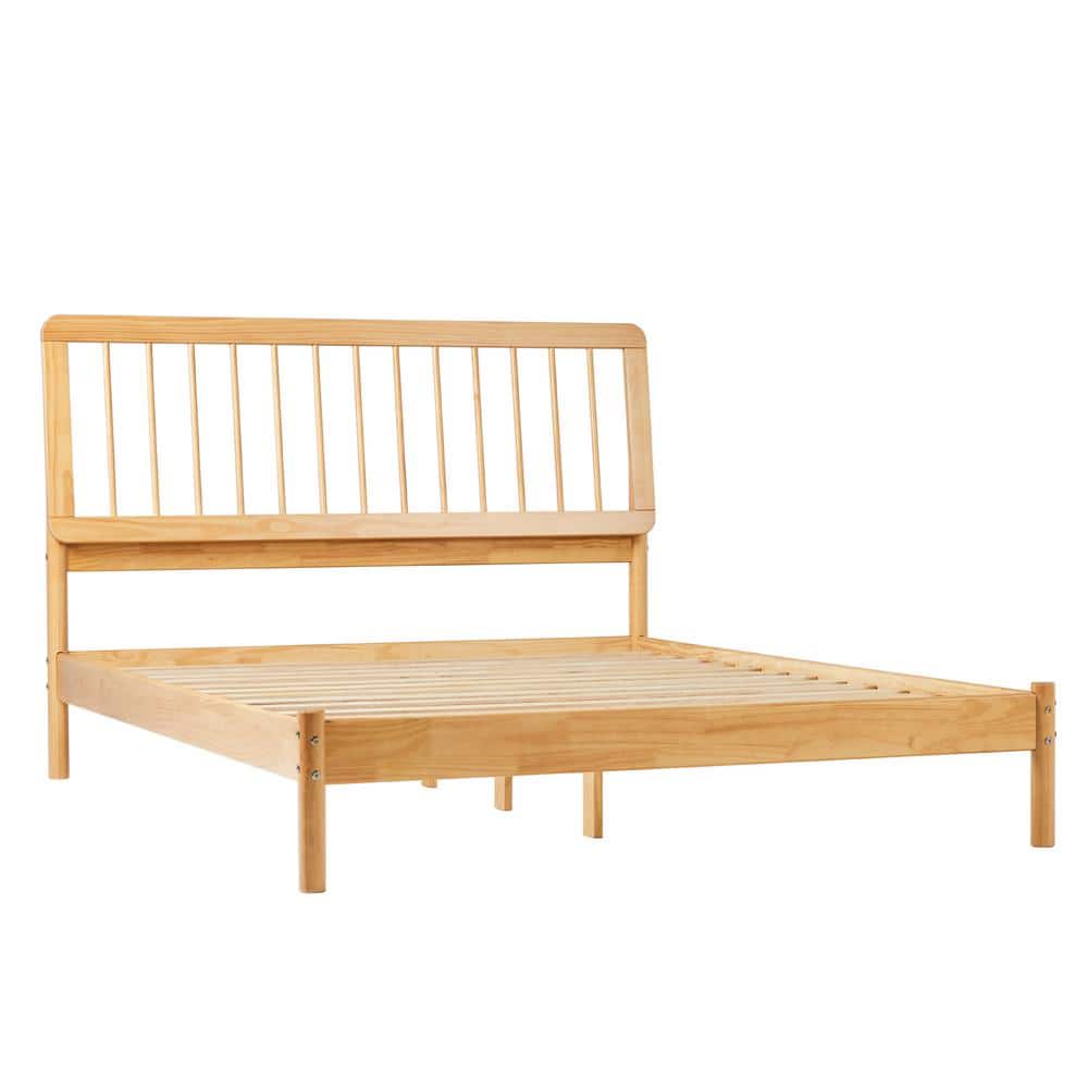 Beige solid wood queen platform bed frame with a slatted headboard.