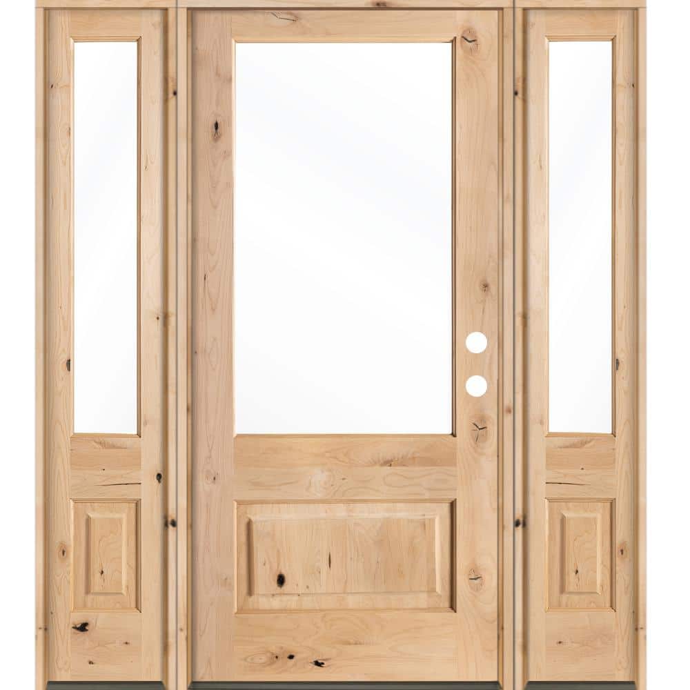 Krosswood Doors 64 in. x 80 in. Farmhouse Knotty Alder Left-Hand/Inswing  3/4 Lite Clear Glass Unfinished Wood Prehung Front Door w/DSL 