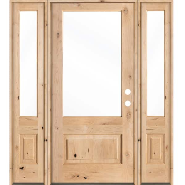 Krosswood Doors 64 in. x 80 in. Farmhouse Knotty Alder Left-Hand/Inswing 3/4 Lite Clear Glass Unfinished Wood Prehung Front Door w/DSL