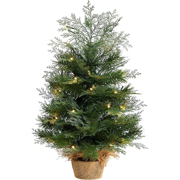2 ft. PreLit Full Classic Pine Artificial Christmas Tree with 35 Warm White lights with Burlap, Decorative X-Mas Tree