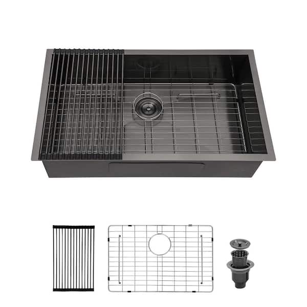 28 in. Drop-In/Undermount Single Bowl 16-Gauge Gunmetal Black Stainless Steel Kitchen Sink with Grid and Drain