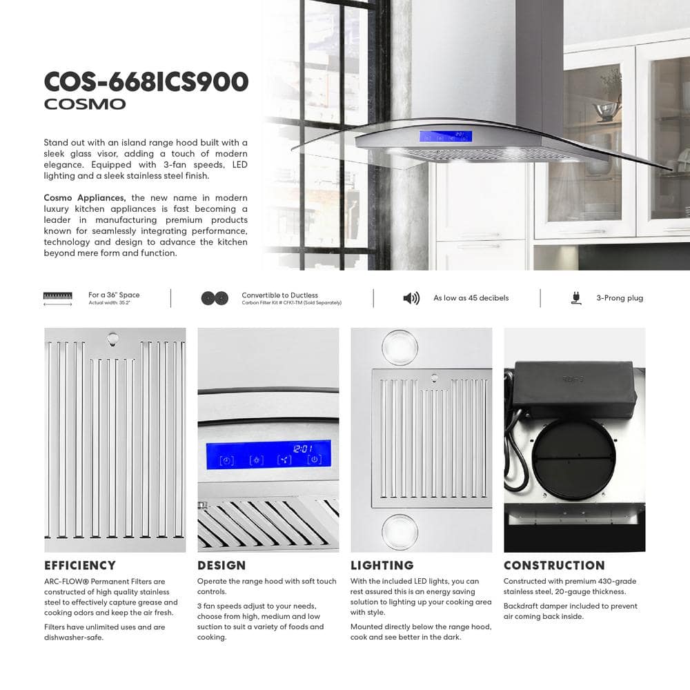 Cosmo 36" Stainless Steel Convertible Island Range Hood with LED Lighting