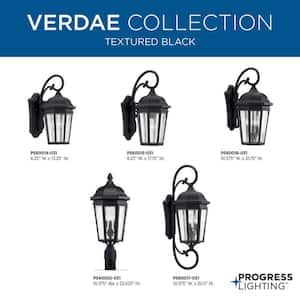 Verdae Collection 3-Light Textured Black Clear Seeded Glass New Traditional Outdoor Large Wall Lantern Light