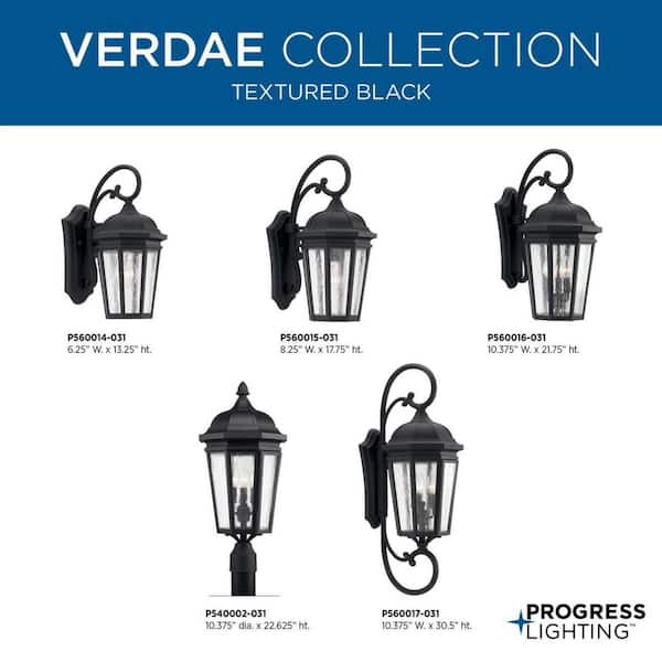 Verdae Collection 3-Light Textured Black Clear Seeded Glass New Traditional Outdoor Large Wall Lantern Light
