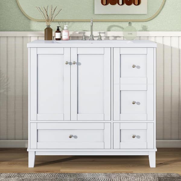ANGELES HOME 36 in. W x 18 in. D x 34.3 in. H Single Sink Freestanding Bath Vanity in White with White Resin Top,USB Charging,Drawers