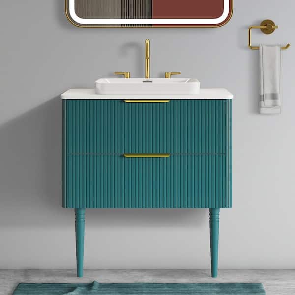 30 in. W Bath Vanity in Aqua Blue with White Cultured Marble Top and Vessel Sink, Solid Wood Legs (Assembled)