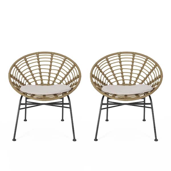 Noble House Jefferson Light Brown Removable Cushions Faux Rattan Outdoor Patio Dining Chairs with Beige Cushions (2-Pack)