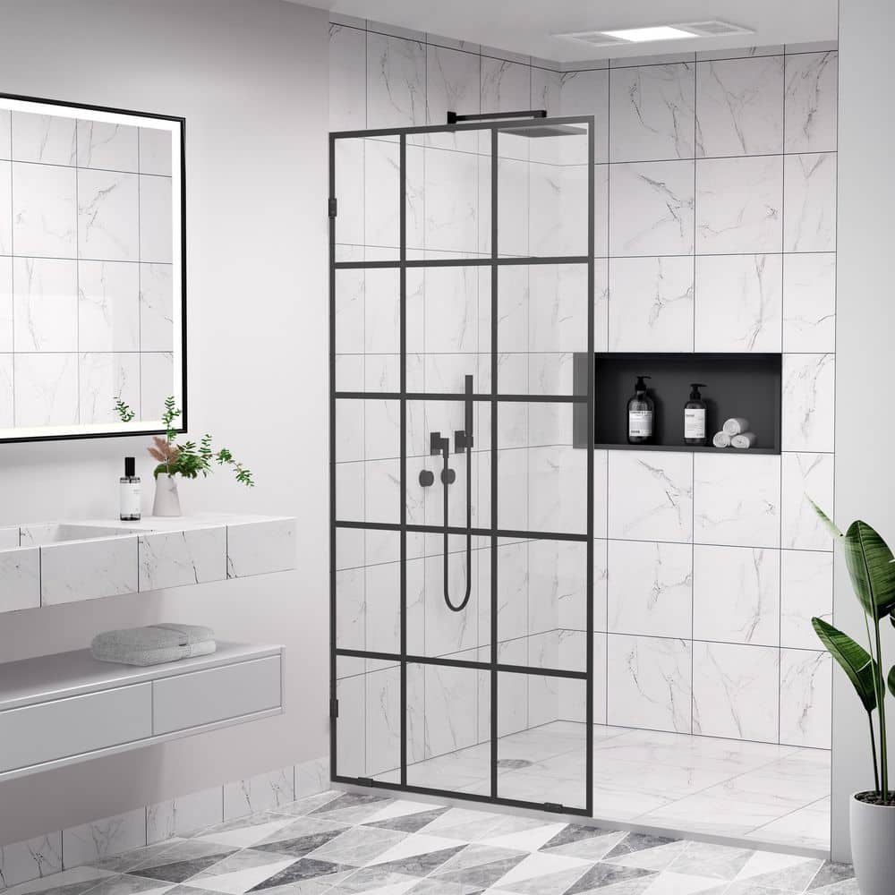 32 in. W x 78 in. H Frameless Fixed Single Panel Shower Door in Matte Black with Nano-Coated Clear Grid Glass price history on PriceWatchPro