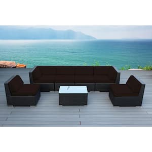 Black 7-Piece Wicker Patio Seating Set with Supercrylic Brown Cushions