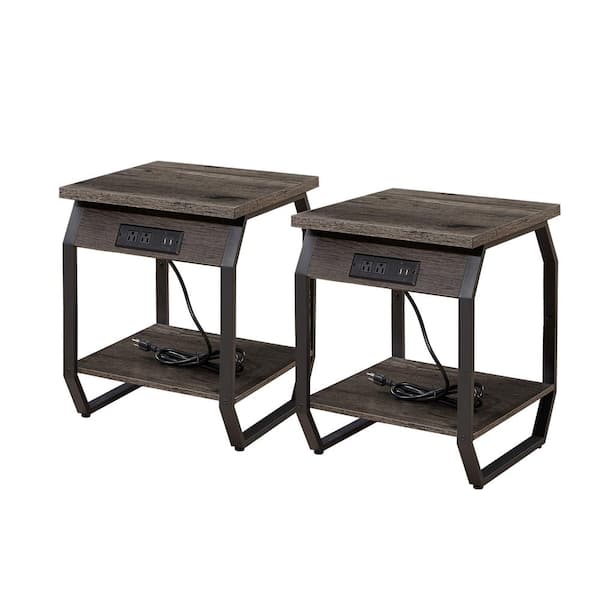 maocao hoom Dark Gray End Side Tables with USB Ports, Charging Station and Sockets (Set of 2)