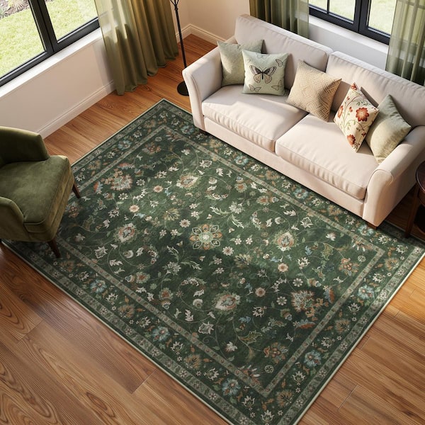 Vintage Floral Vine Washable Non-Slip Green 5 ft. x 7 ft. Area Rug