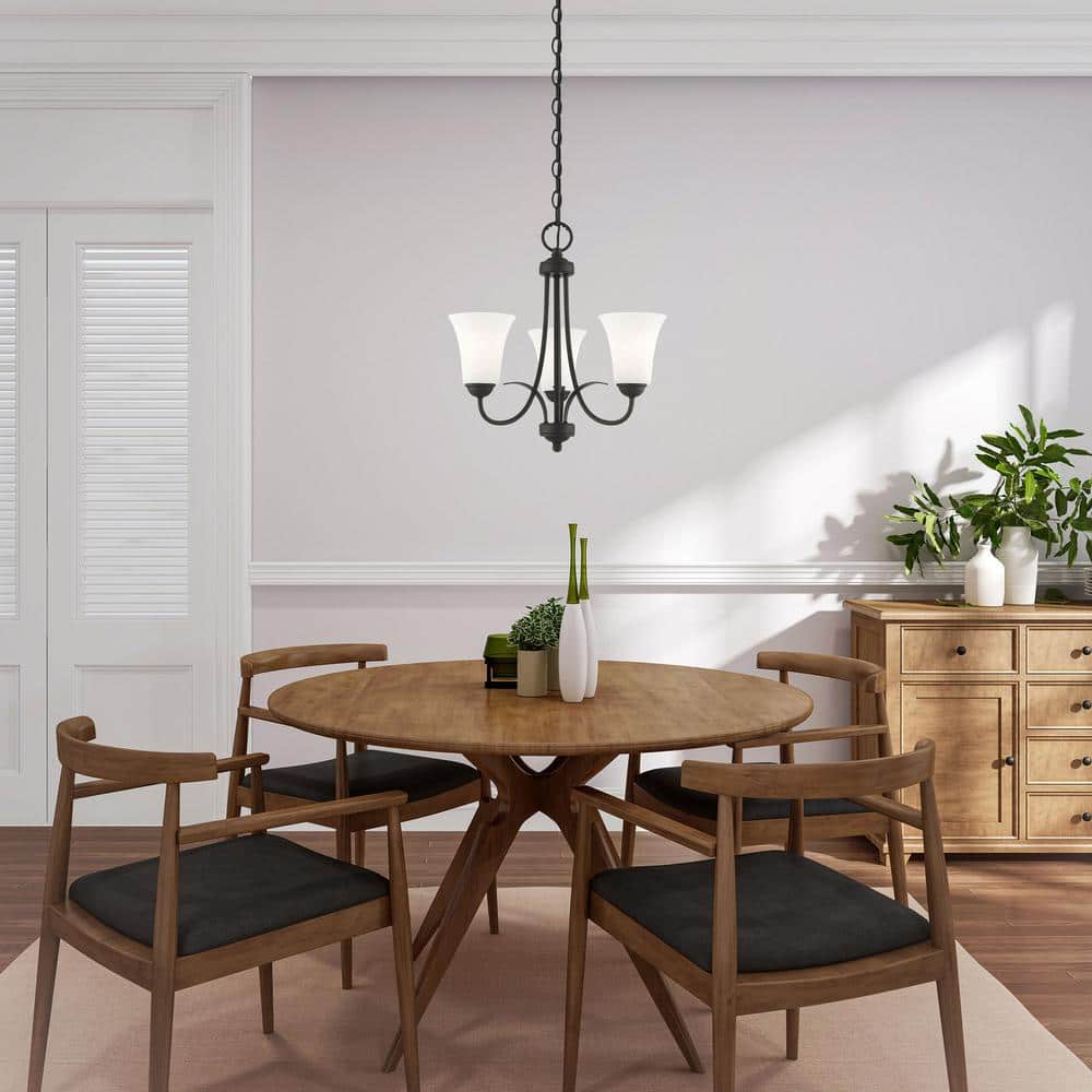 Elegant Mini 3-Light Chandelier with Satin Opal White Glass - Black