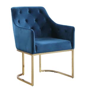 Glam Tufted Blue Accent Chair with Velvet Cushions and Openwork U-Shaped Base
