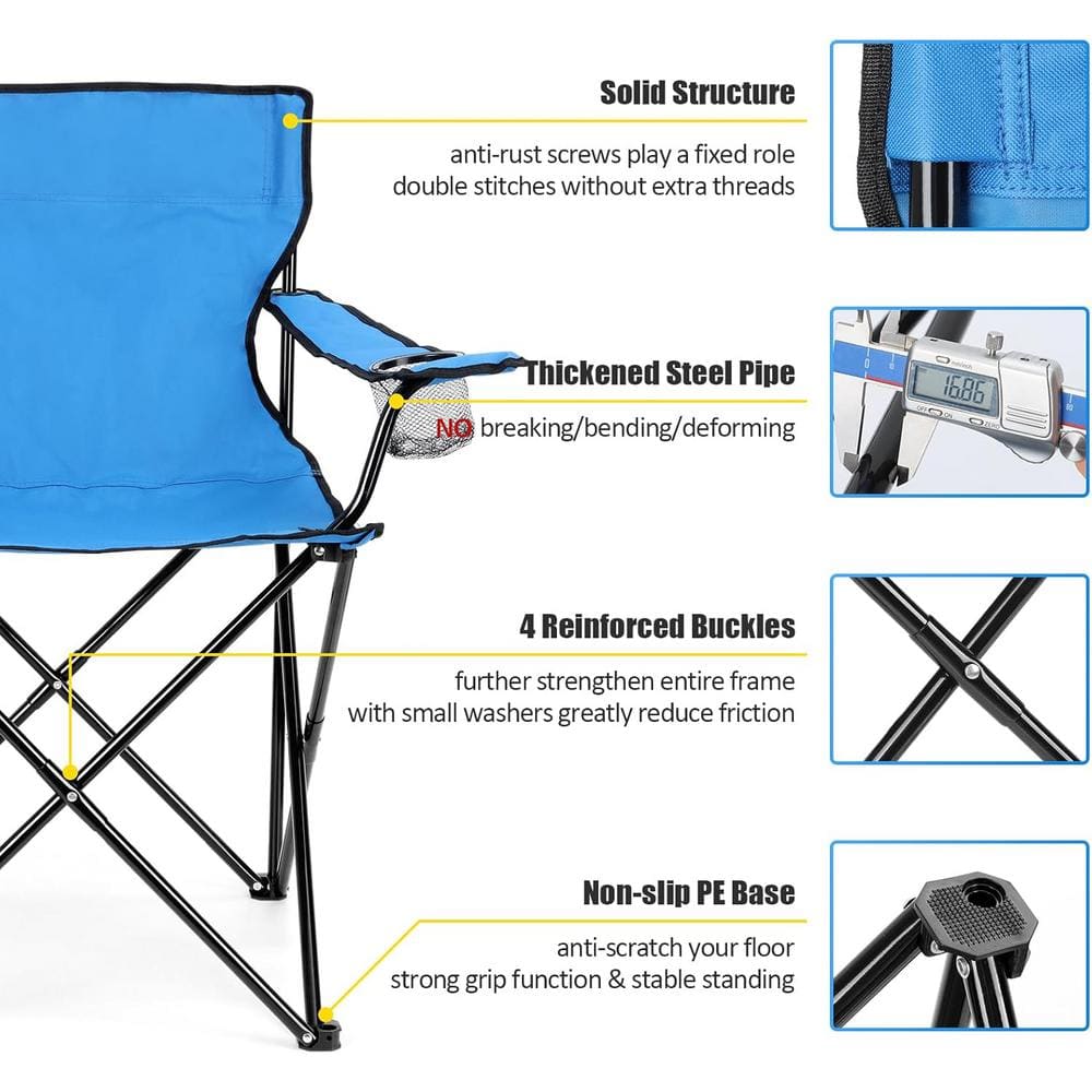 Blue Steel Frame Folding Camping Chair with Cup Holder and Storage Bag