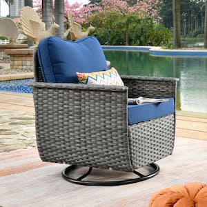 Fortune Dark Gray 1-Piece Wicker Outdoor Patio Conversation Set with Navy Blue Cushions and Swivel Chairs