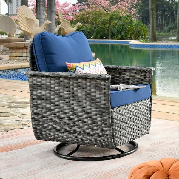 OVIOS Fortune Dark Gray 1-Piece Wicker Outdoor Patio Conversation Set with Navy Blue Cushions and Swivel Chairs