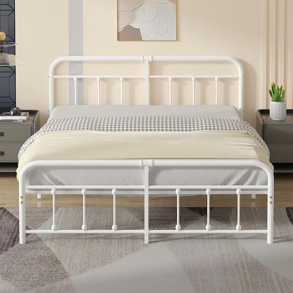 VECELO Victorian Bed Frame With Heavy Duty, White Metal Frame King Size Platform Bed With headboard，Under Bed Storage