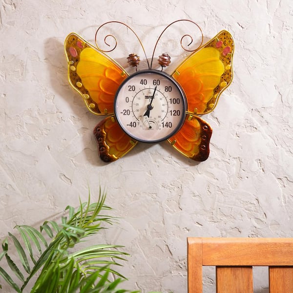 13 in. Butterfly Outdoor Wall Thermometer, Yellow