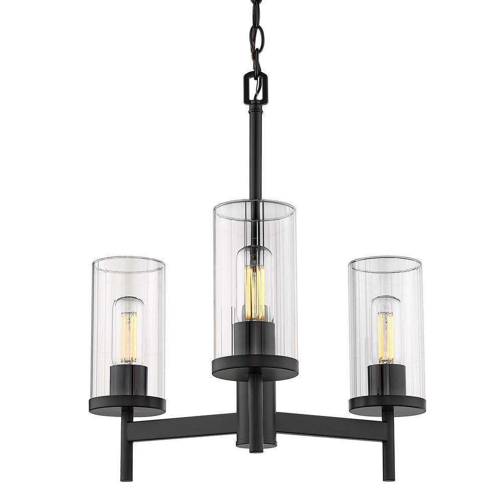 Winslett Matte Black 20" Transitional 3-Light Chandelier with Ribbed Glass