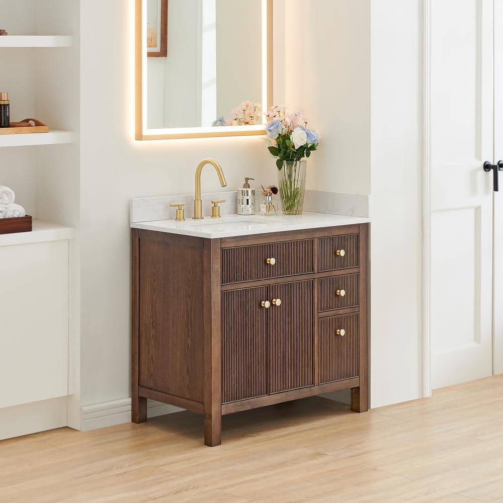 Cerrito 36" Brown Brushed Oak Vanity with White Stone Top
