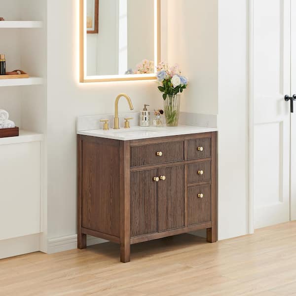Cerrito 36 in. Single Sink Freestanding Brown Oak Bath Vanity with Grain White Engineered Stone Top Assembled