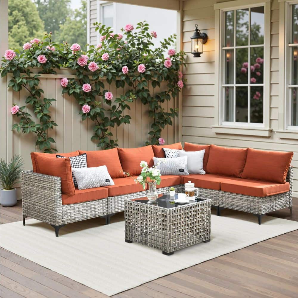 Reno 7-Piece Wicker Outdoor Patio Sectional Furniture Set with a Solar-Lighted Table and Brick Red Cushions price history on PriceWatchPro