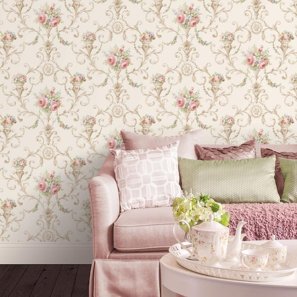 Ornamental Floral Wallpaper in Pink and Blue