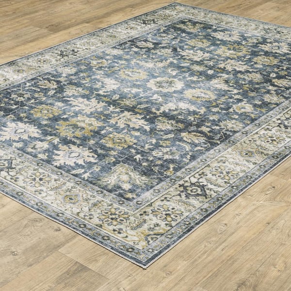 Cascade Blue 2 ft. x 8 ft. Distressed Oriental Persian Polyester Machine Washable Indoor Runner Area Rug