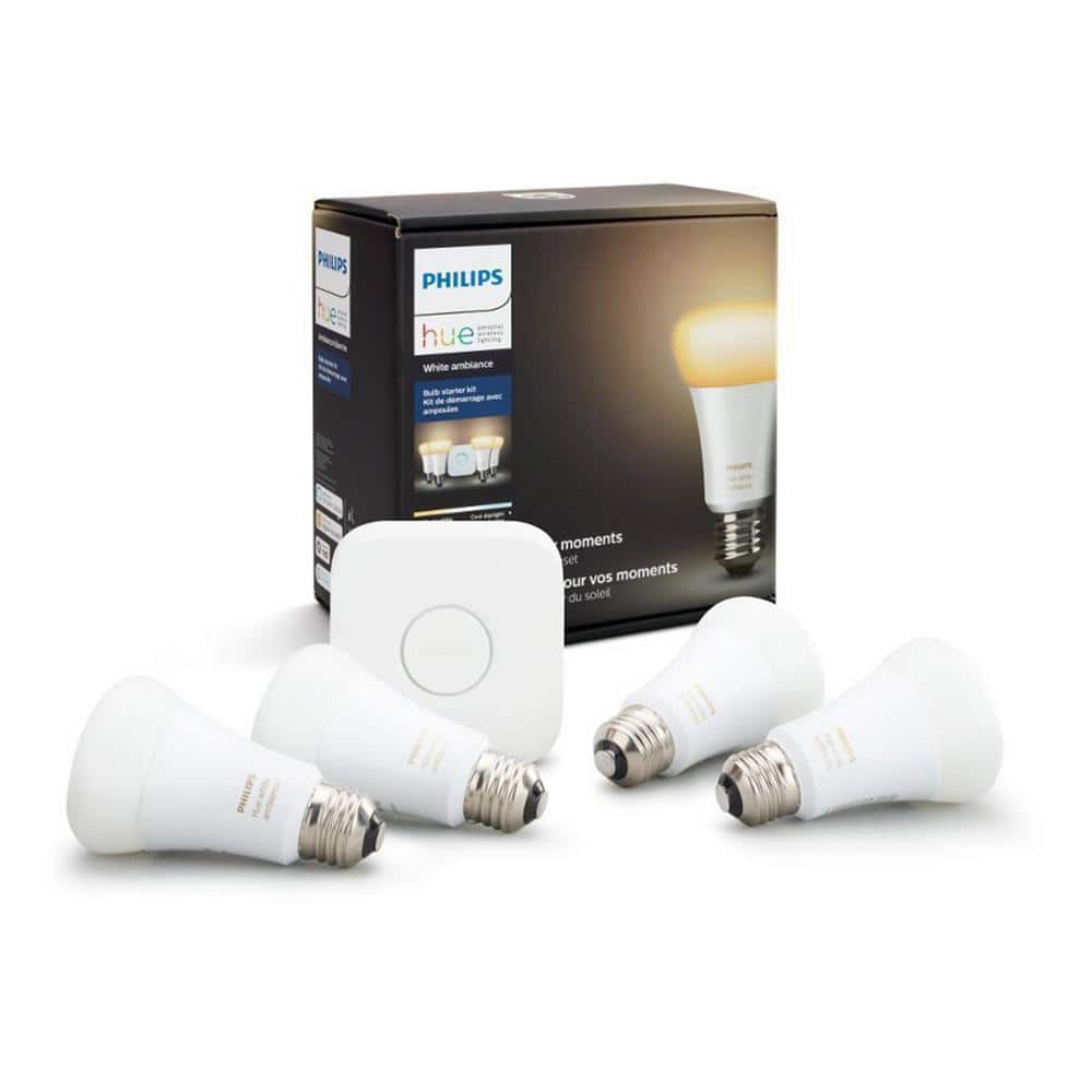 Philips Hue White Ambiance A19 LED 60W Dimmable Smart Lighting Starter Kit (4 Bulbs and Bridge) 471986 The Home Depot