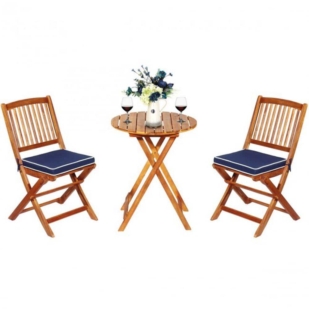 3-Piece Folding Acacia Wood Patio Bistro Set with Navy Cushions