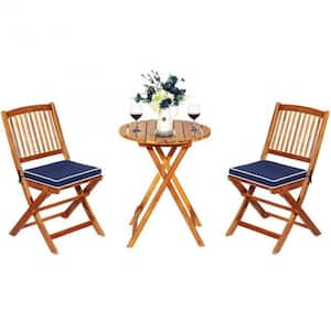3-Piece Acacia Wood Foldable Outdoor Bistro Set with Navy Cushions Outdoor Furniture Set